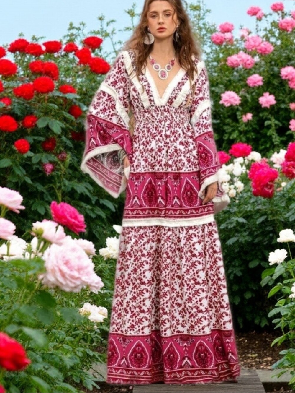 Bohemian Maxi Dress in Magenta and White